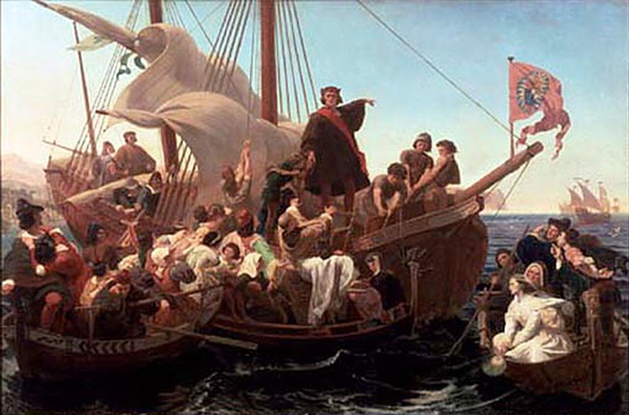 Christopher Columbus stands proudly on his ship the Santa Maria.