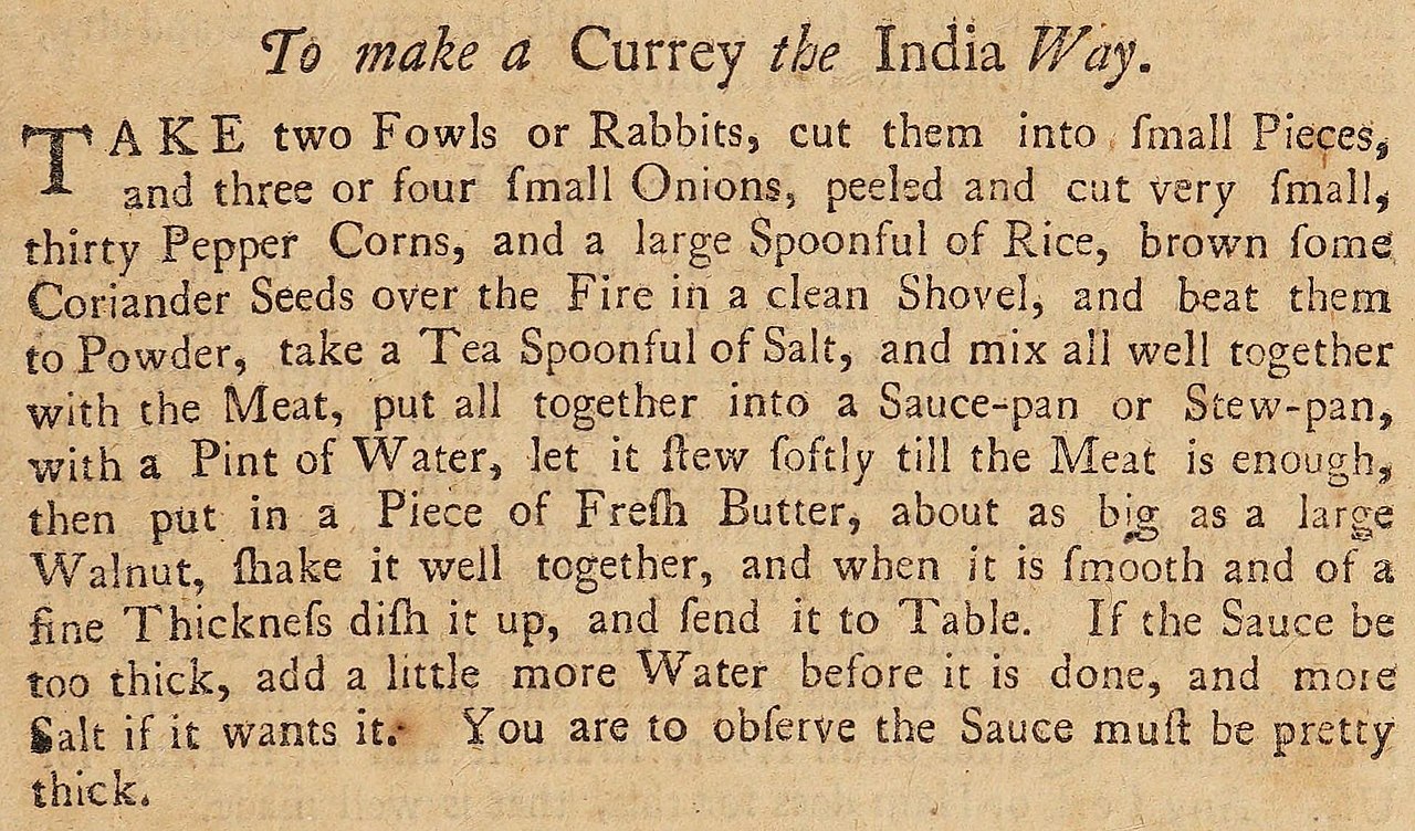 An old recipe for curry from a cookbook in 1748.