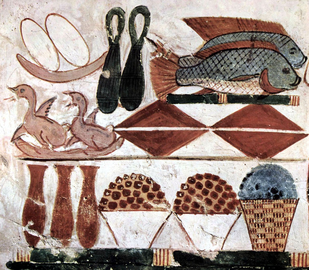 An old Egyptian painting showing people with baskets of eggs.