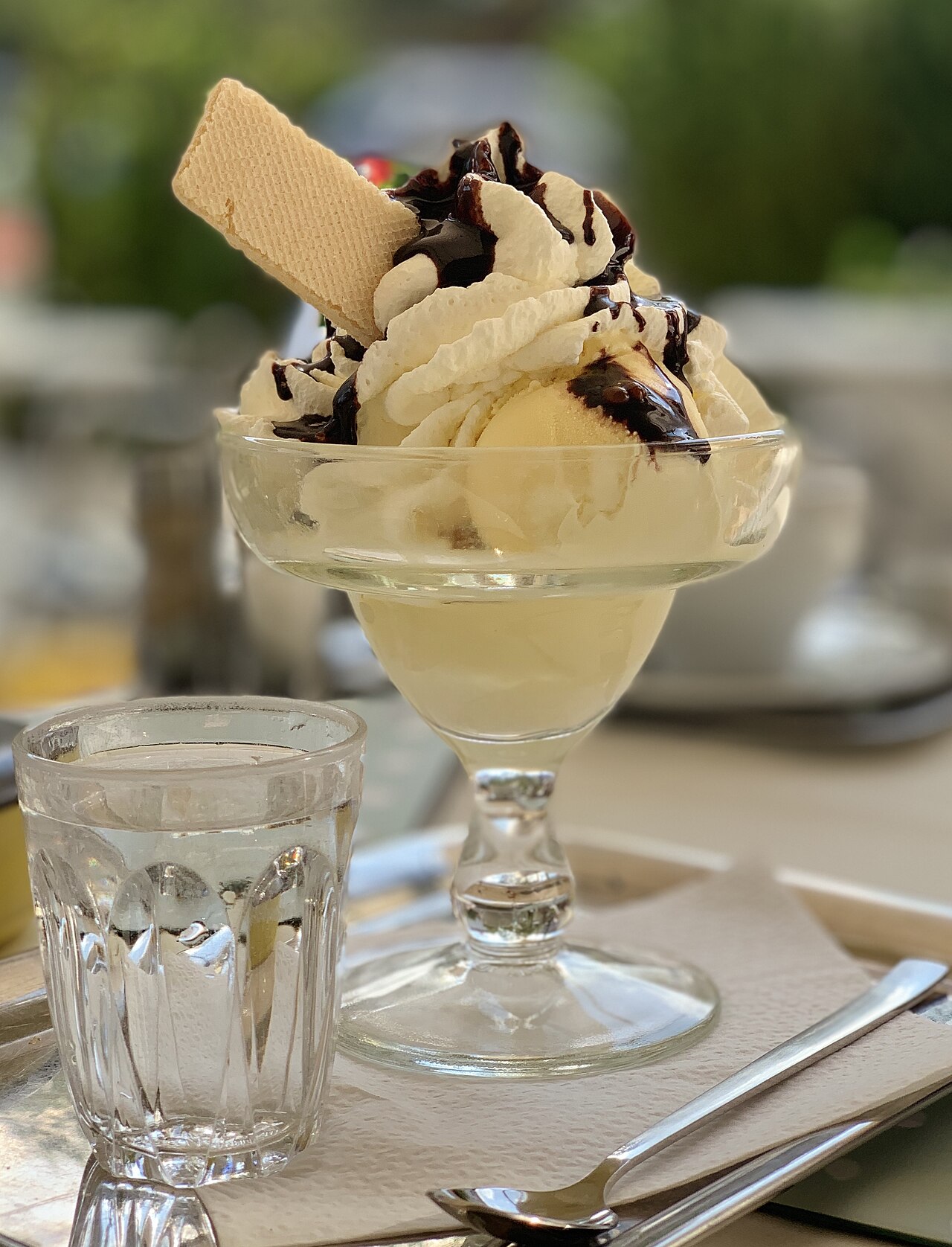 A tasty ice cream sundae with whipped cream and chocolate syrup.