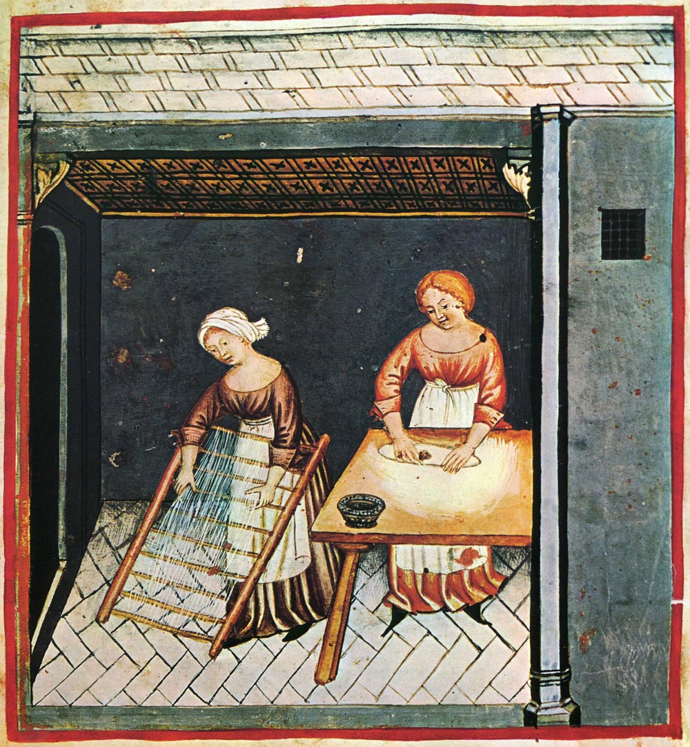 An old drawing showing people making pasta long ago.