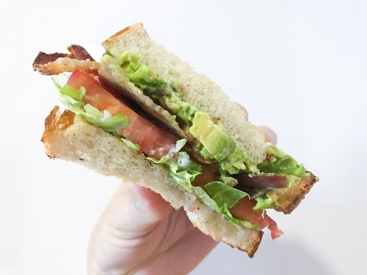 A hand holding a yummy sandwich with bacon and avocado.