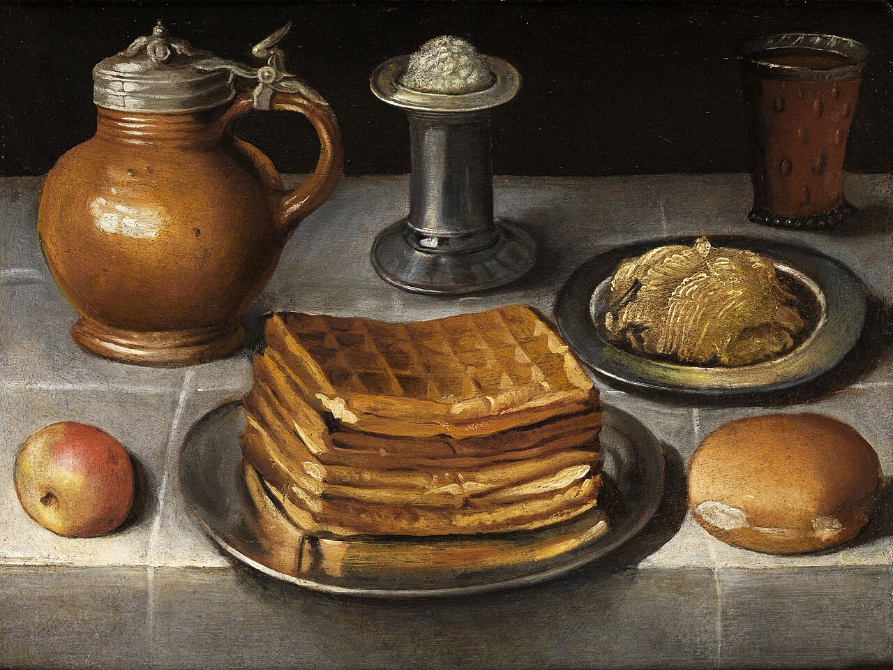 An old painting of fresh waffles on a table with dishes.