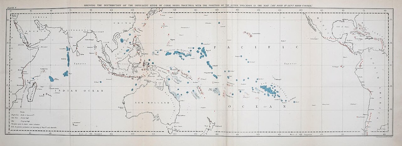 An old drawing shows how coral atolls are shaped.