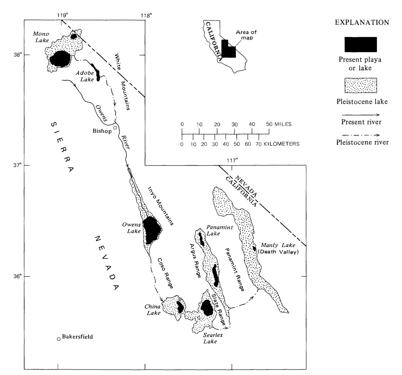 A map shows old lakes that once filled Death Valley.