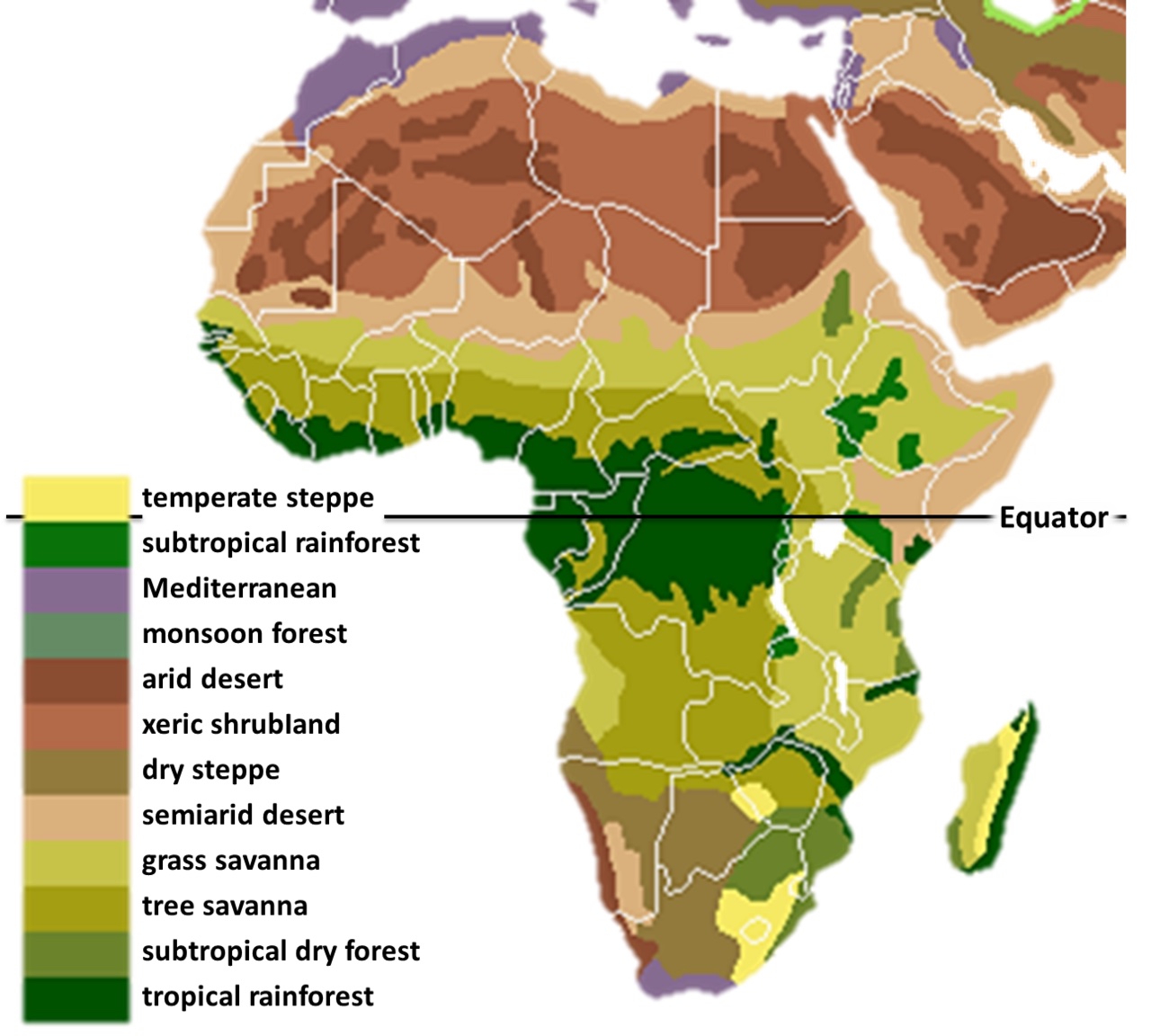 A colorful map shows Africa's deserts, forests, and grasslands.