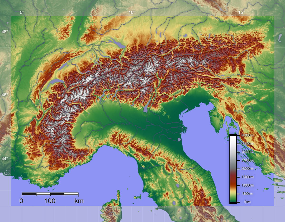 A map shows the Alps winding through many countries in Europe.
