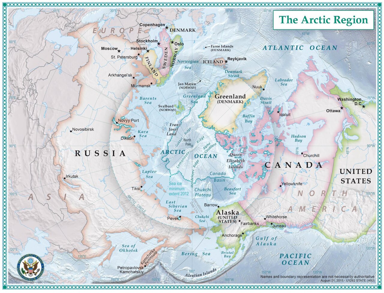 A map shows the countries that share the icy Arctic.