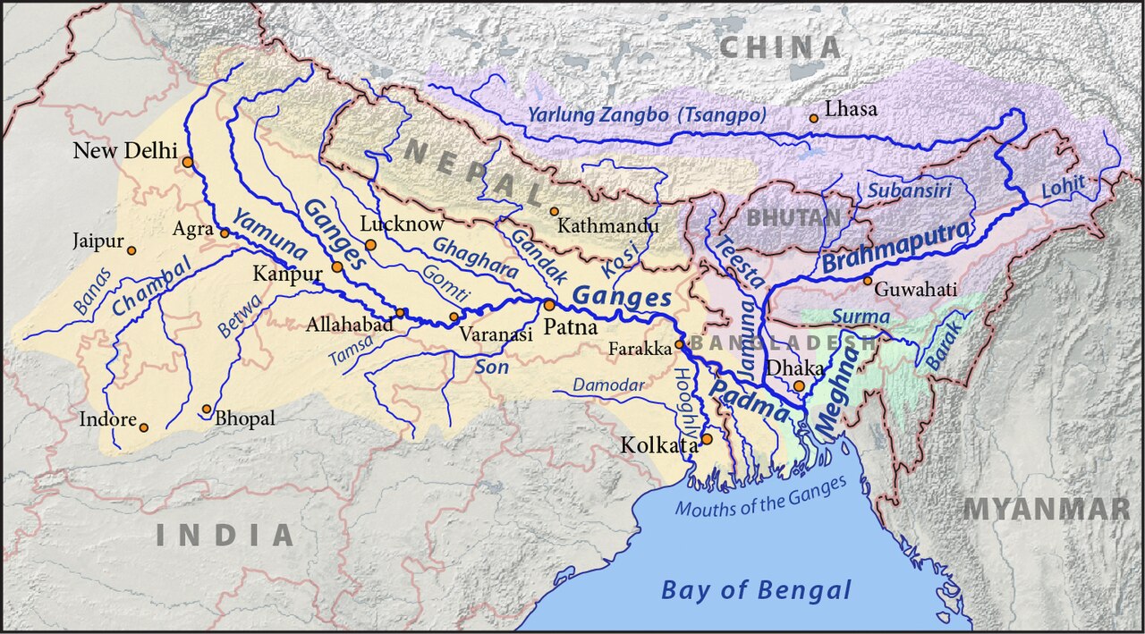 A colorful map shows the Ganges River and its neighbors.