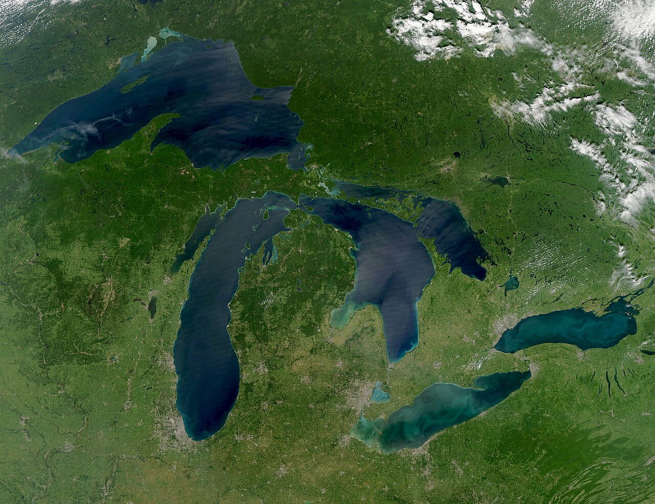 A space photo shows all five Great Lakes on a clear day.