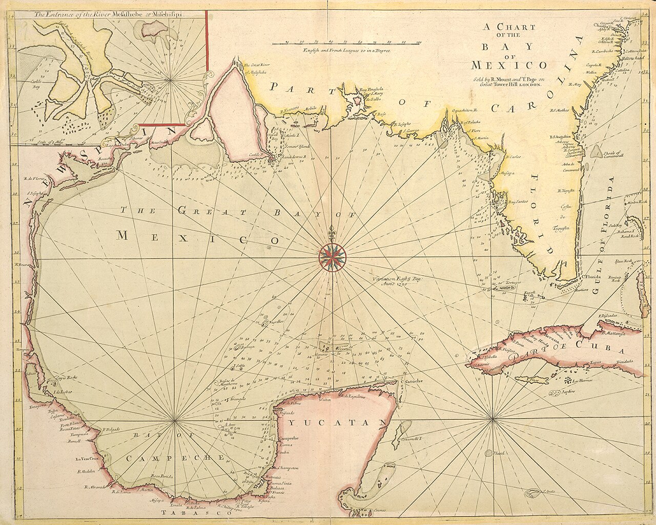 An old sea chart shows the Gulf of Mexico coast.
