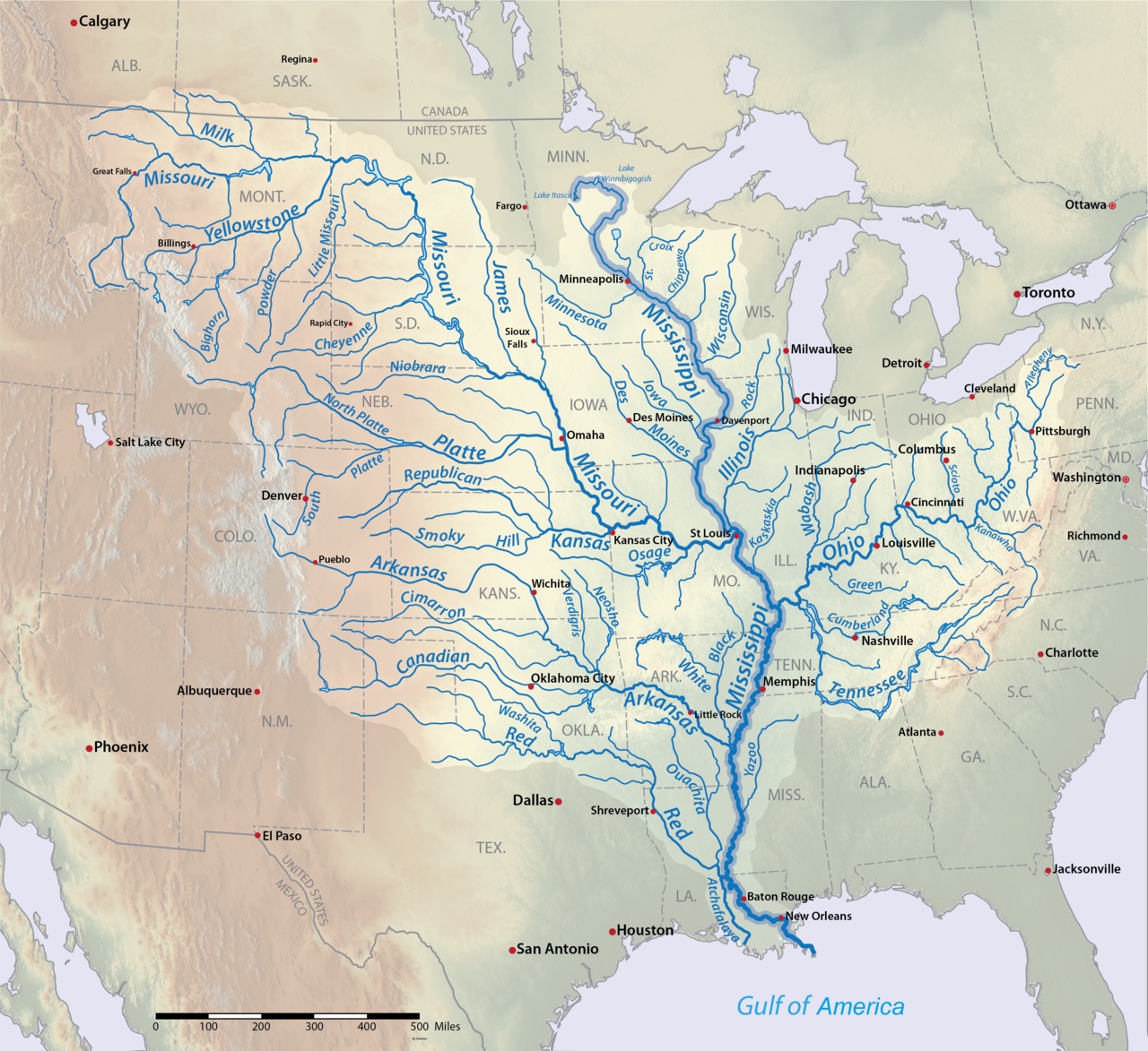 A map shows how the Mississippi River twists across America.
