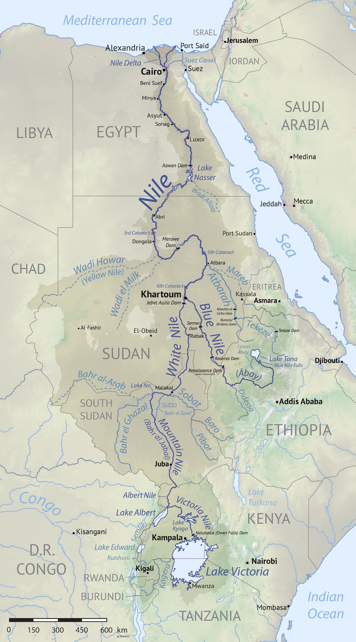 A map follows the long Nile River through Africa.