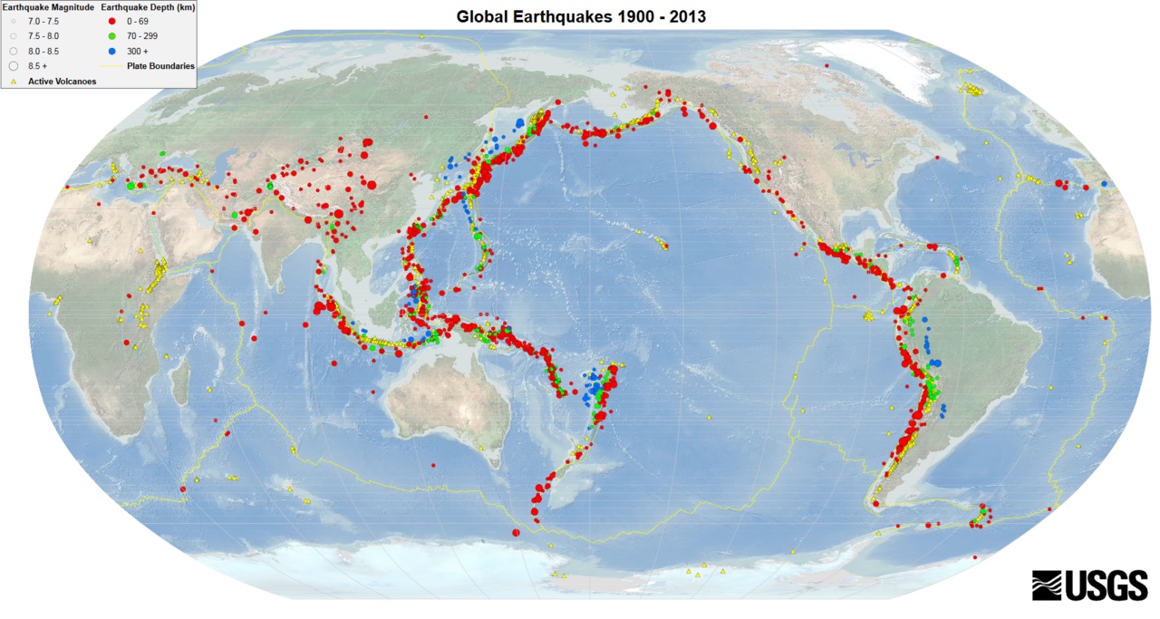 A map shows earthquakes and volcanoes around the Ring of Fire.