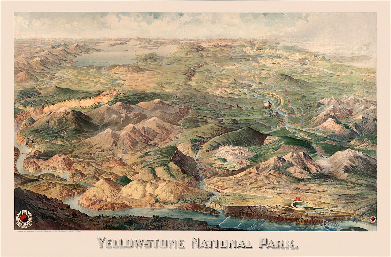 An old bird's-eye map shows all of Yellowstone Park.
