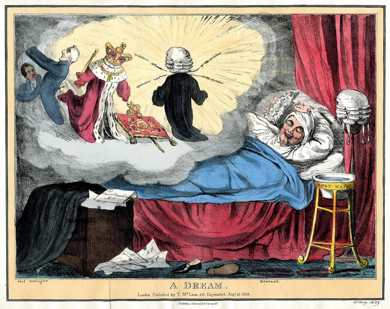 An old colorful drawing of a man dreaming in his bed.