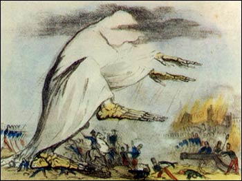 An old drawing showing how people feared a sickness called cholera.