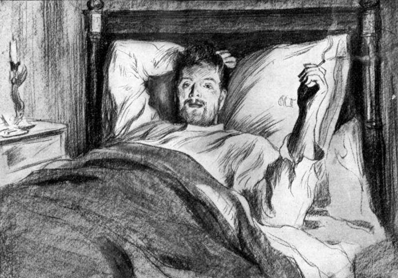 An old drawing of a man waking up in bed.