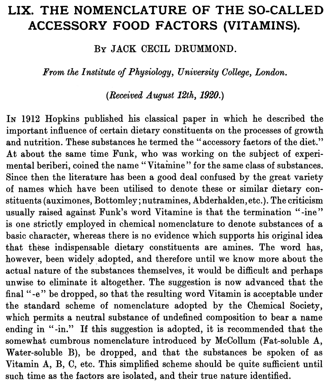An old paper from 1920 that first gave vitamins their name.