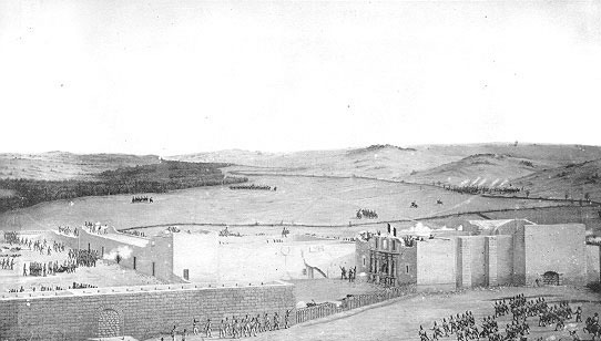 A painting showing the famous battle at the Alamo fort.
