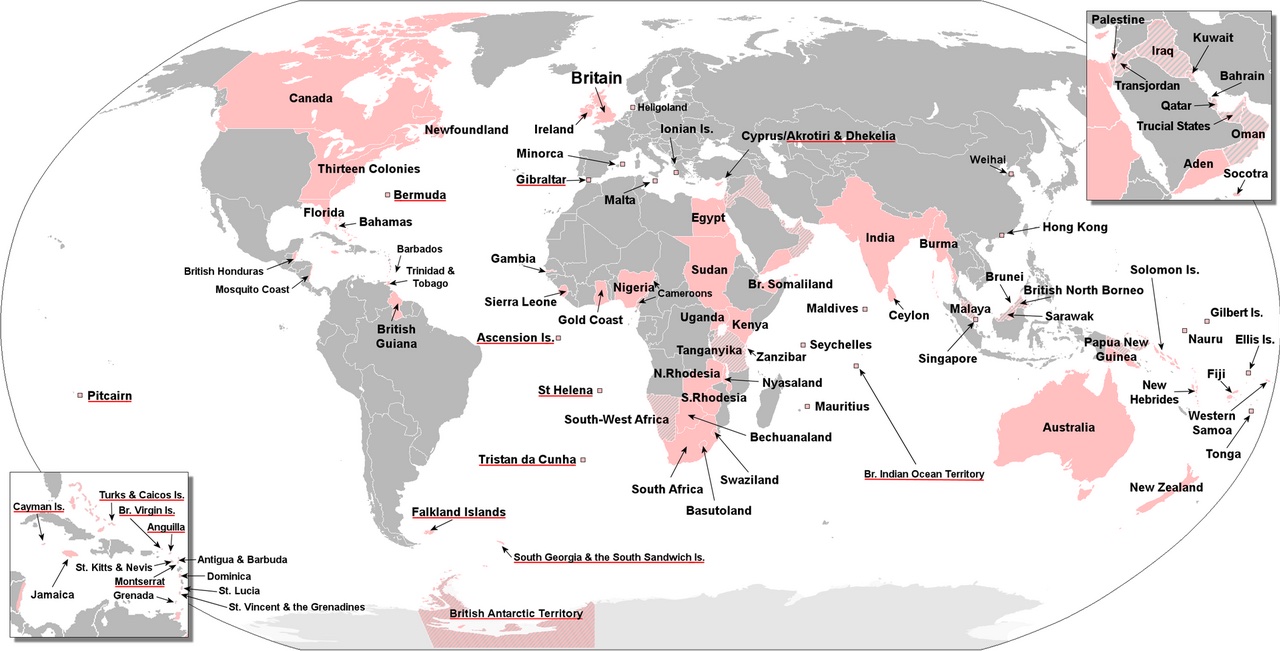 A world map showing all the lands once ruled by Britain.