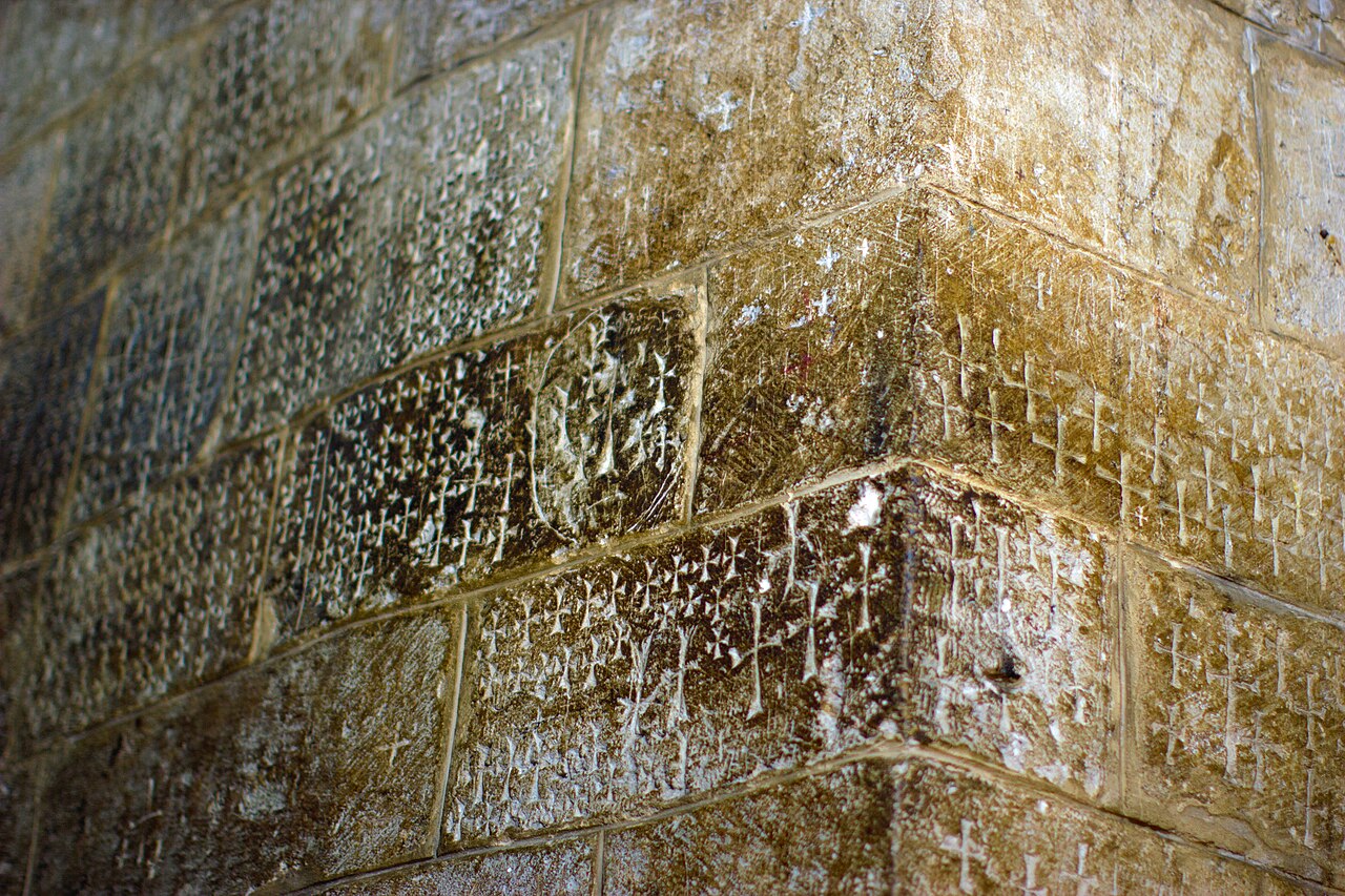 Crosses carved into old church walls by Crusader knights.