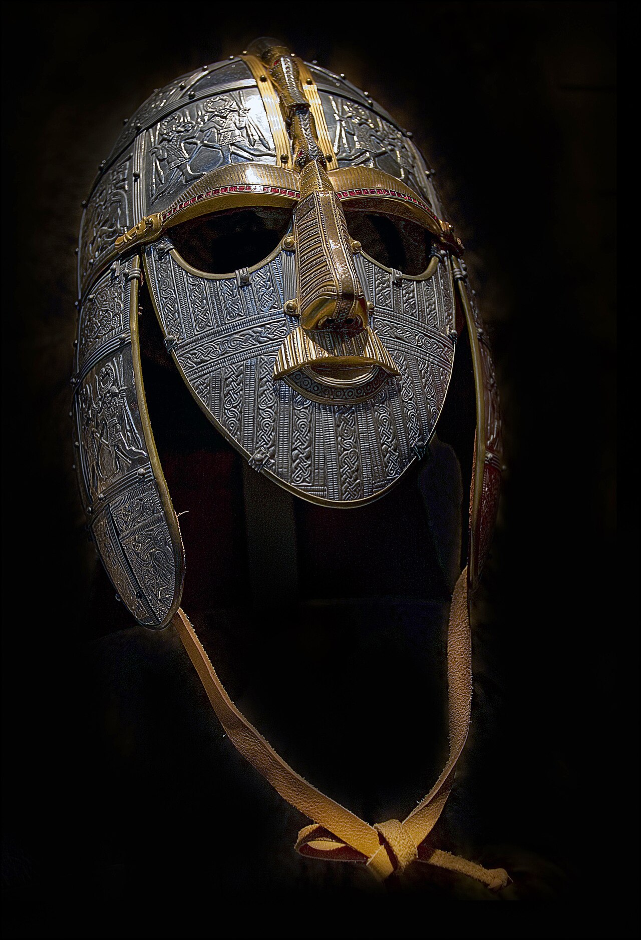 A fancy metal helmet worn by a warrior long ago.