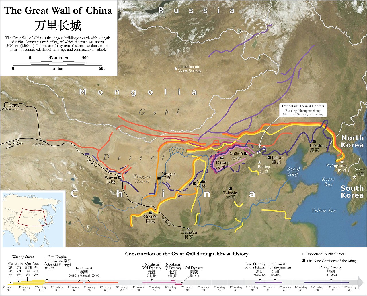 A map showing how the Great Wall stretches across China.