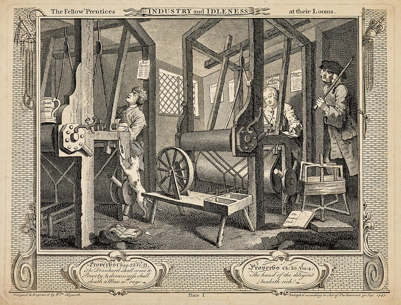 An old drawing showing people working hard at their jobs.