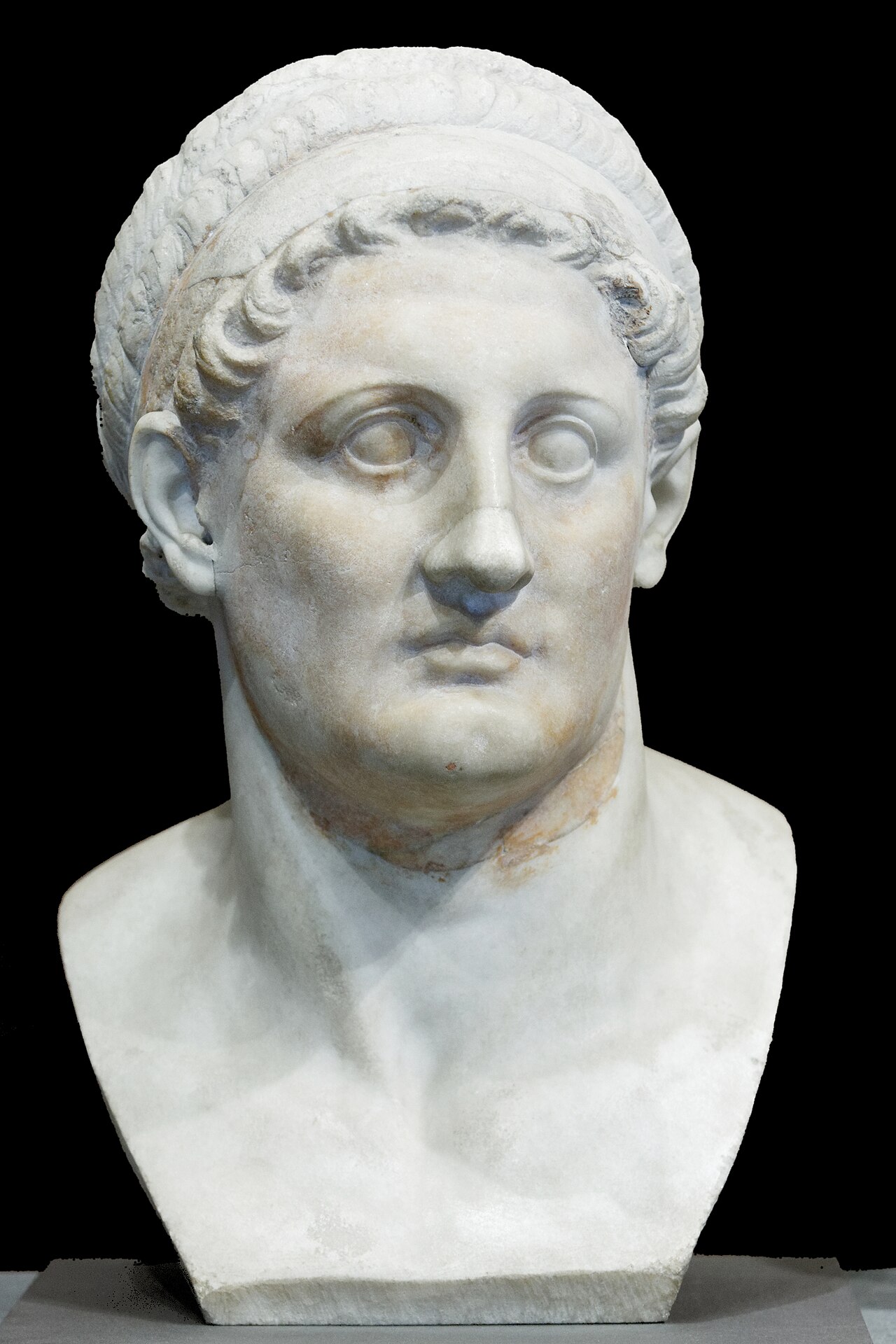 A stone statue of the king who built the Library of Alexandria.