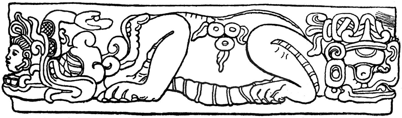 A carved stone made long ago by the Mayan people.