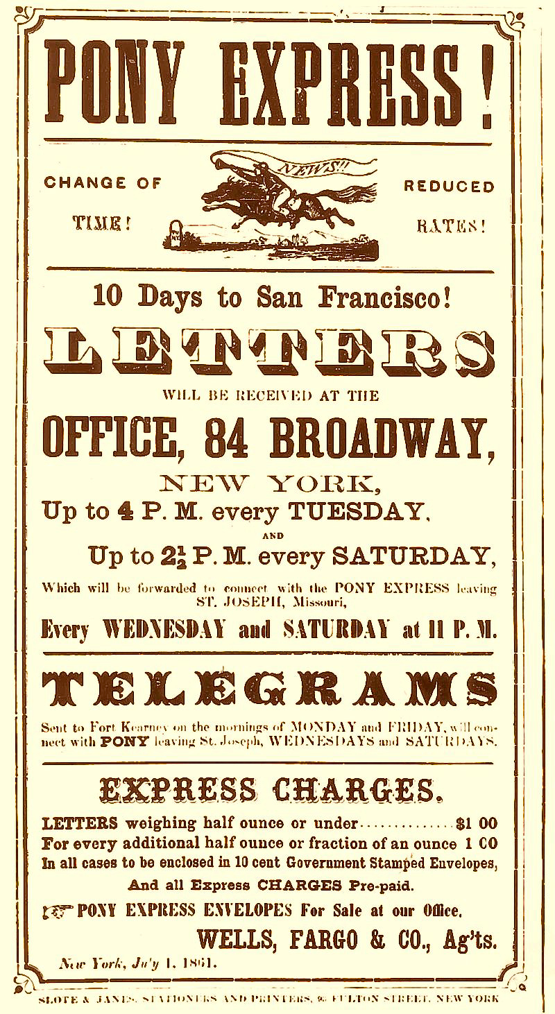 An old poster telling people about the speedy Pony Express mail.