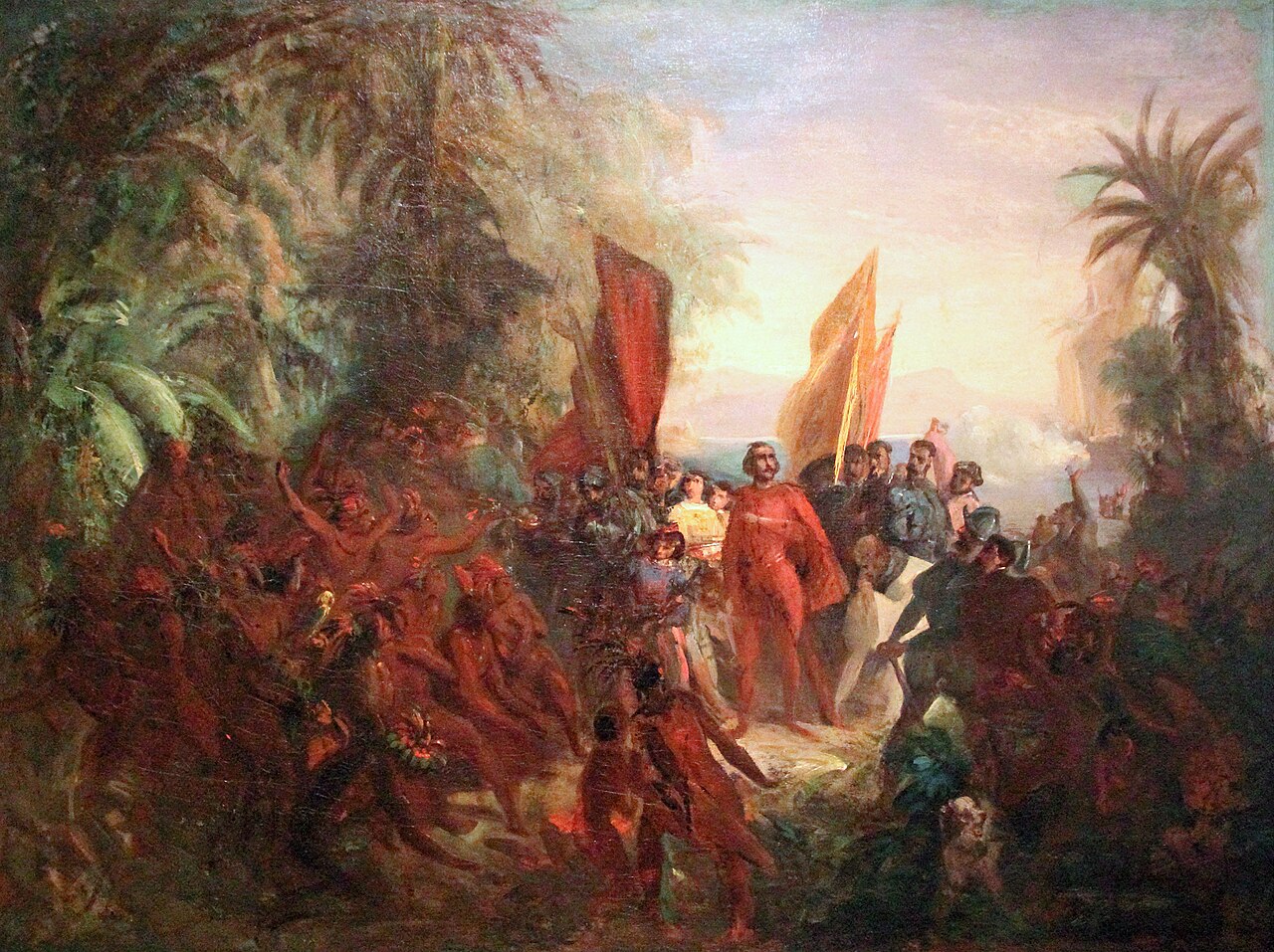 A painting showing early explorers arriving in the Americas.
