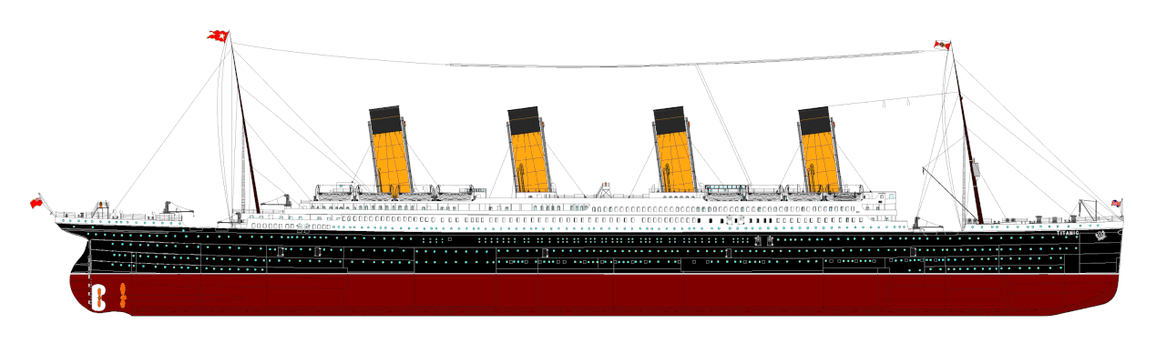 The giant ocean ship Titanic floats in the water.