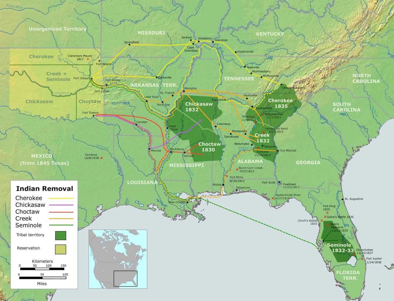 A map showing the long, sad path of the Trail of Tears.