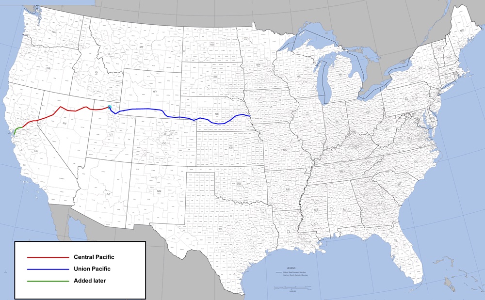 A map showing the first train route across all of America.