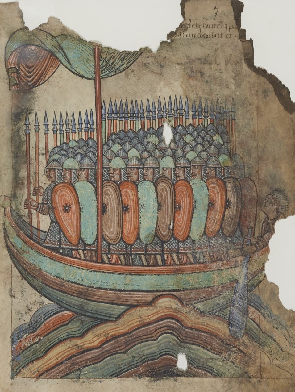 An old picture of Viking warriors raiding a seaside town.