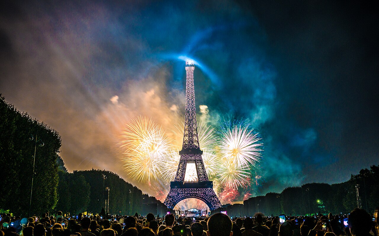 Bright fireworks light up the sky over Paris on Bastille Day.