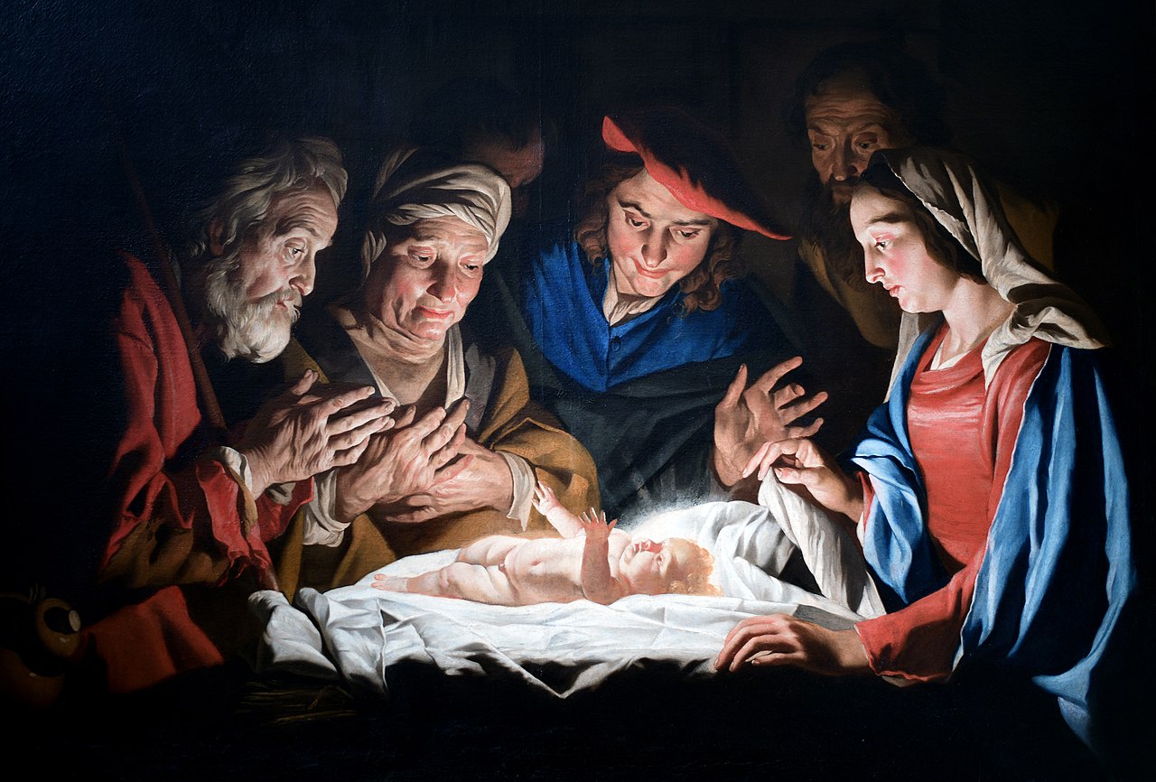 An old painting shows shepherds visiting baby Jesus on Christmas.