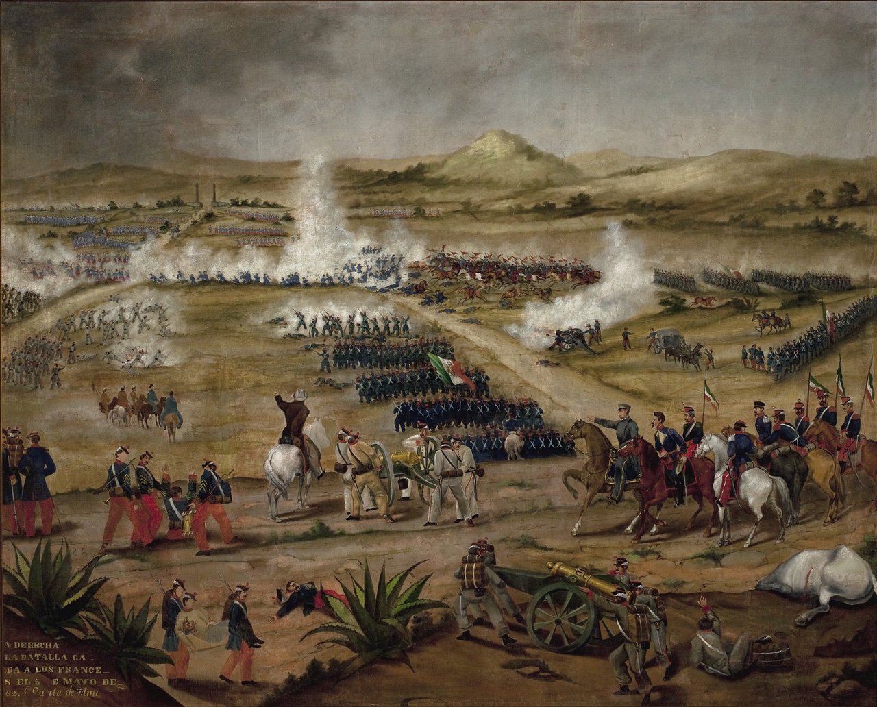 A painting shows the famous Battle of Puebla from 1862.