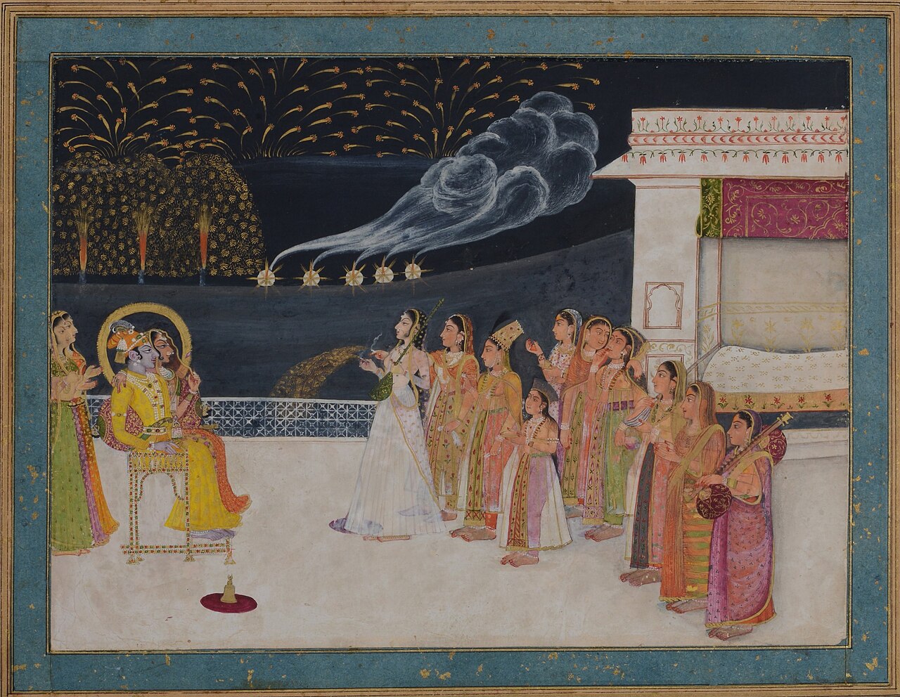 An old painting shows people watching bright Diwali fireworks at night.