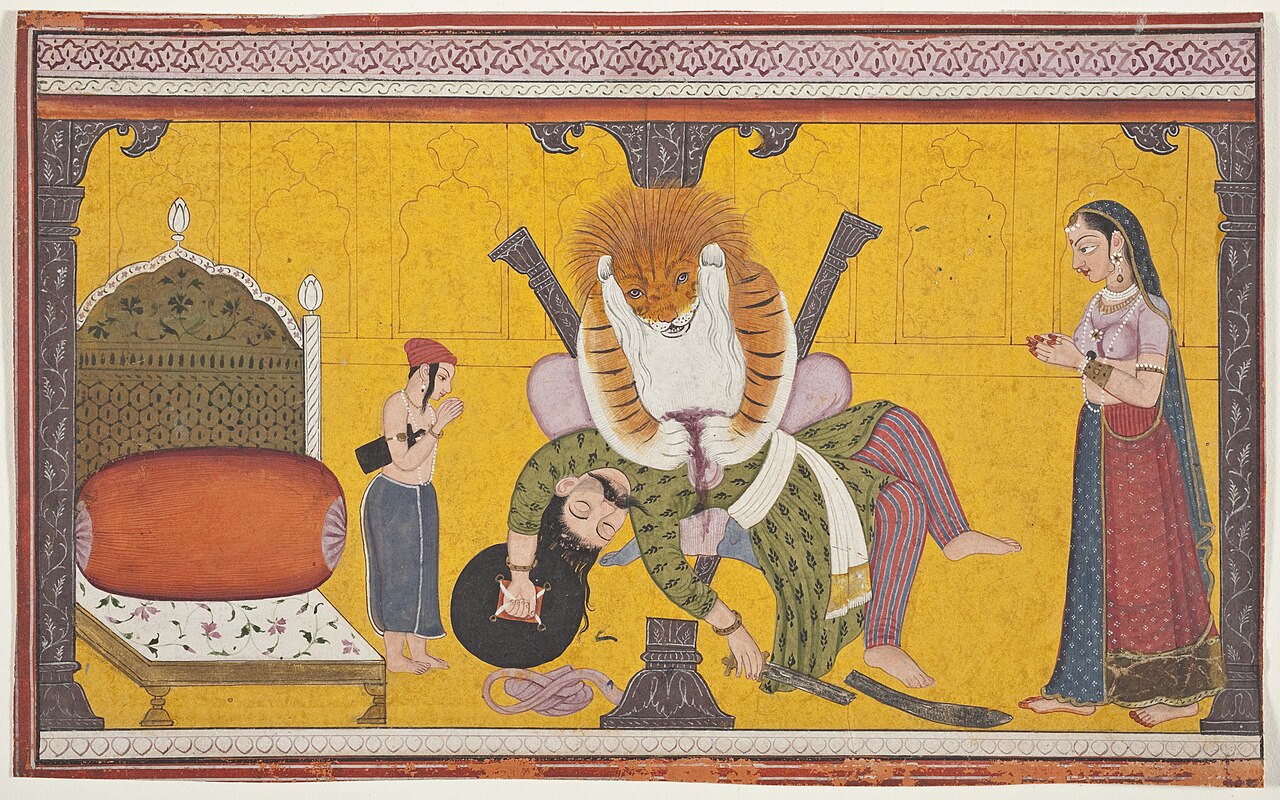 An old painting shows people throwing bright colors for Holi.