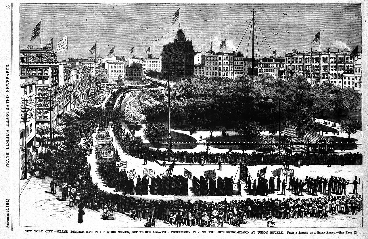 An old drawing shows the very first Labor Day parade in 1882.