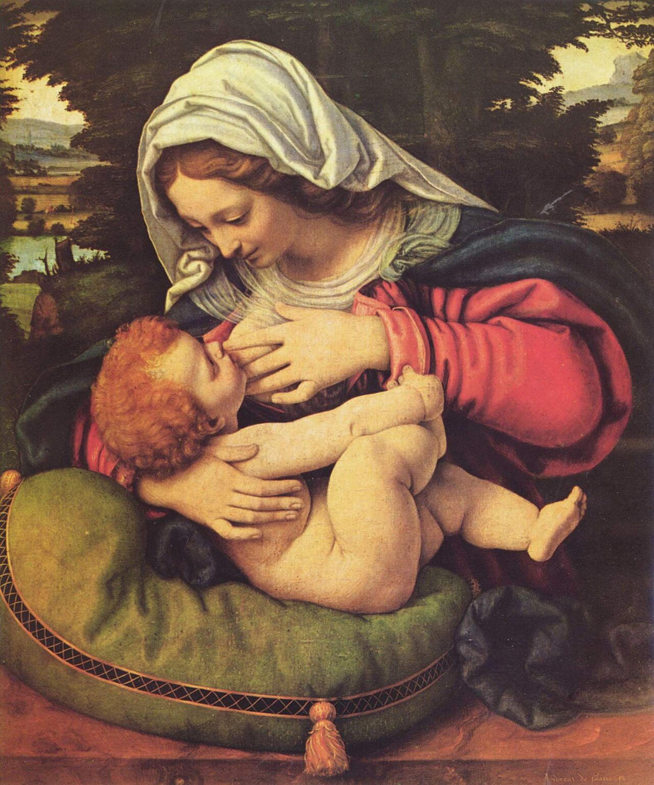 An old painting of a loving mother holding her child.