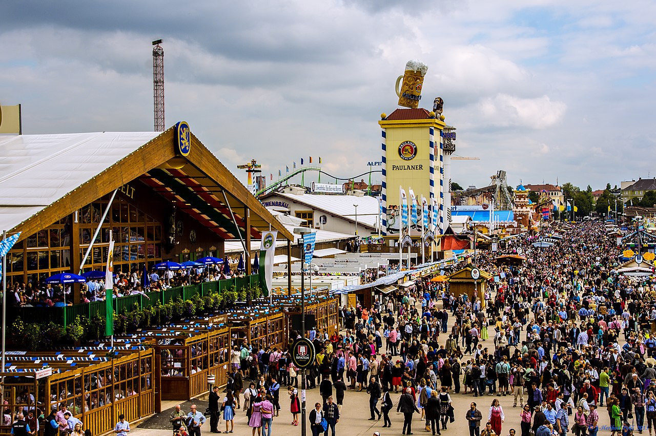 A busy, cheerful scene from the big Oktoberfest party in Germany.