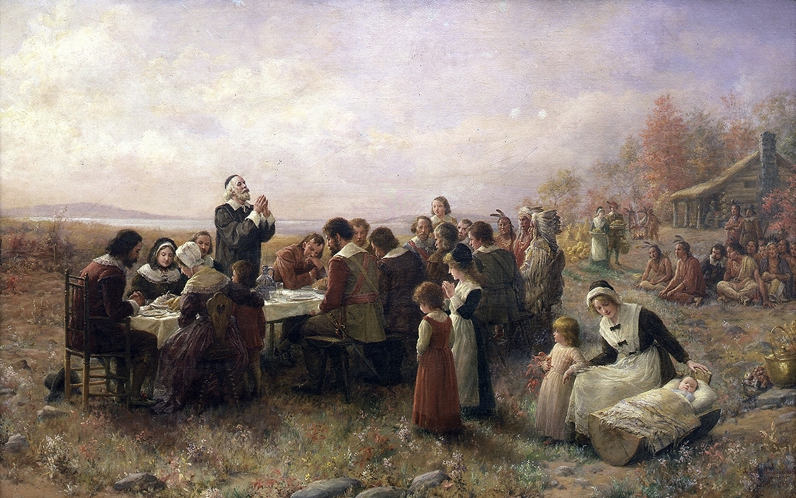 An old painting shows the very first Thanksgiving meal long ago.
