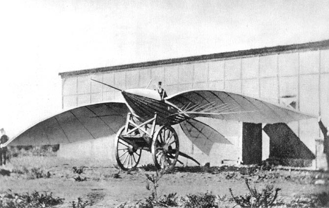 An old flying machine shaped like a big bird.