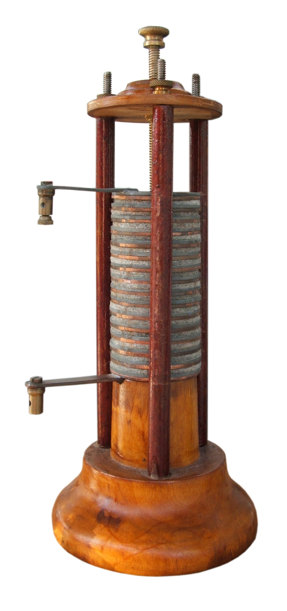 The very first battery, made of stacked metal disks.