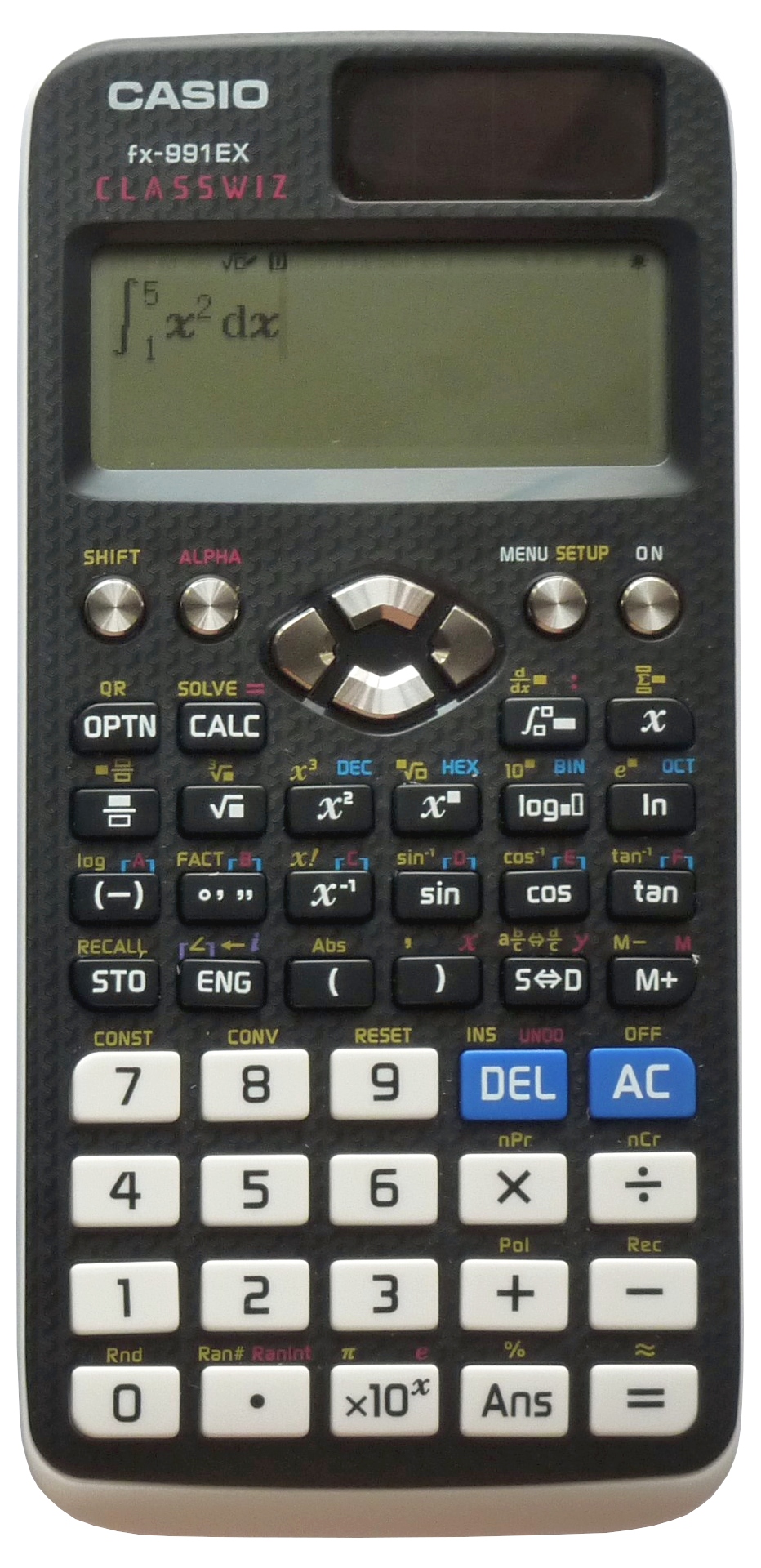 A handheld calculator with lots of math buttons.