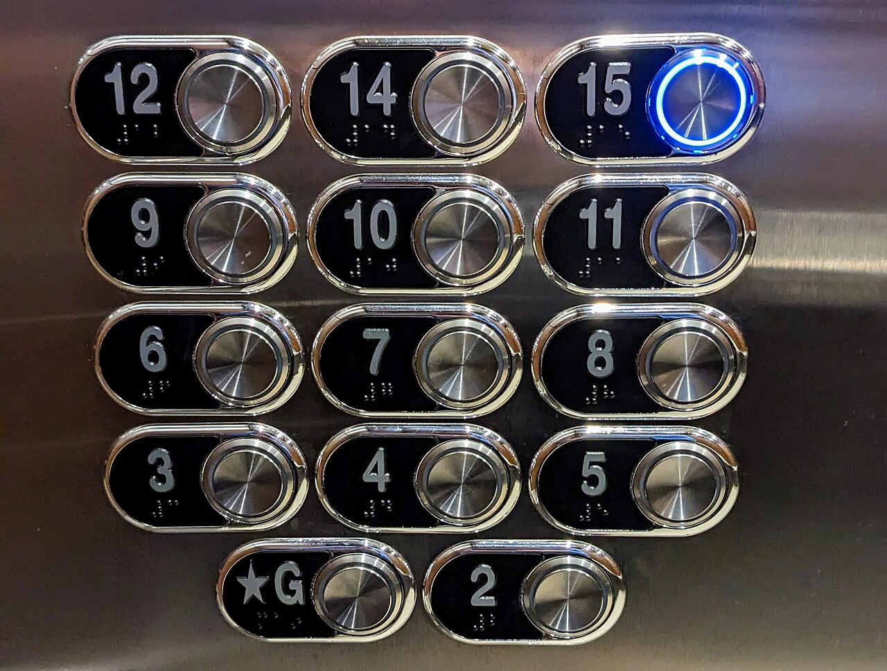 Elevator buttons with bumpy braille dots you can feel.